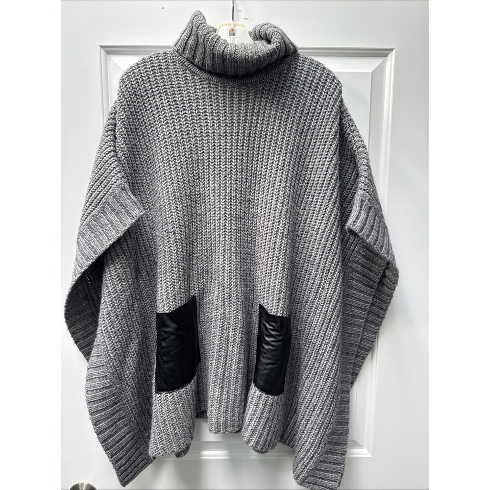 Michael Kors Turtleneck Poncho Sweater Faux Leather Front Pockets Women's M-XL